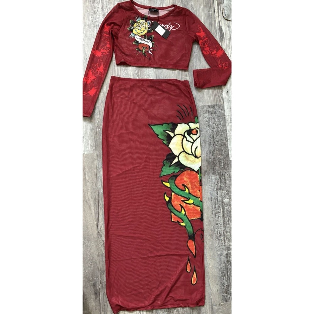 Ed Hardy Women’s Size L Red Mesh 2 Piece Crop Top Maxi Skirt Swim Cover Up